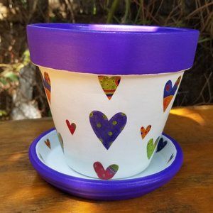 Painted Purple and White 6" Flower Pot, Matching Saucer, Heart Accents